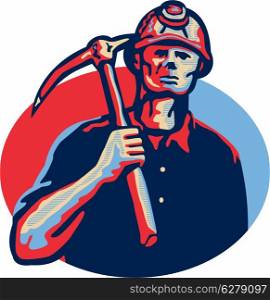 Illustration of a coal miner wearing hardhat with pick axe facing front set inside oval done in retro style.. Coal Miner Pick Axe Retro