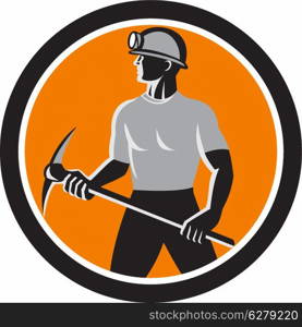 Illustration of a coal miner wearing hardhat with pick axe facing front set inside oval done in retro style.. Coal Miner Holding Pick Axe Side Circle Retro