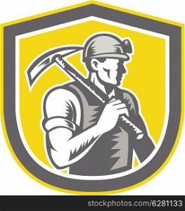 Illustration of a coal miner wearing hardhat with pick axe facing side set inside shield crest done in retro woodcut style.. Coal Miner Pick Axe Shield Retro
