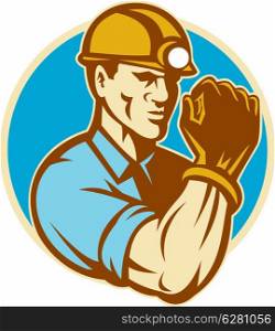 illustration of a coal miner with clenched fist viewed from the front set inside circle done in retro style on isolated background.&#xA;