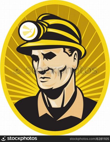 illustration of a coal miner with hardhat facing front set inside oval with sunburst on isolated background. coal miner worker front