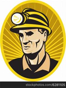 illustration of a coal miner with hardhat facing front set inside oval with sunburst on isolated background. coal miner worker front