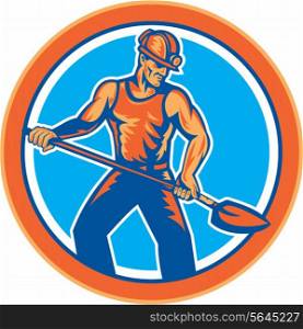 Illustration of a coal miner with hardhat on holding shovel set inside circle on isolated backgorund done in retro style.. Coal Miner Hardhat Shovel Circle Retro
