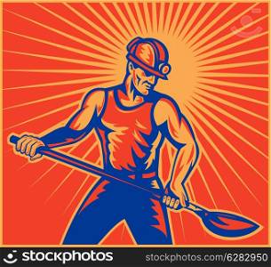 illustration of a Coal miner worker at work with spade shovel front view done in retro woodcut style with sunburst in background. Coal miner at work with shovel front view