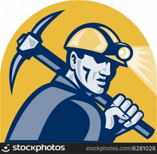 illustration of a coal miner working with pickaxe viewed from the side looking front isolated white background done in retro woodcut style.&#xA;