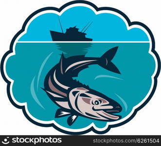 Illustration of a cobia (Rachycentron canadum) or black kingfish, black salmon, ling, lemonfish, crabeater, prodigal son, black bonito, aruan tasek achycentron canadum, diving down with fishing boat in the background set inside a bubble done in retro style.