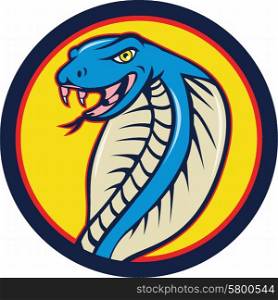 Illustration of a cobra viper snake serpent head with tongue out attacking set inside circle on isolated background done in cartoon style.
