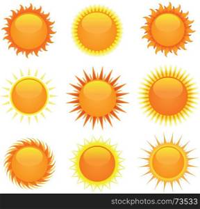 Illustration of a collection of cartoon summer shiny suns. Shiny Suns Set