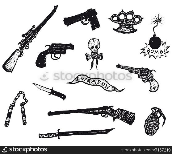 Illustration of a collection of doodle hand drawn weapons, including silver guns, police colt and caliber, revolver, pistol, hunting or sniper rifles and knives or blades. Guns, Revolver, Weapons And Rifles Set