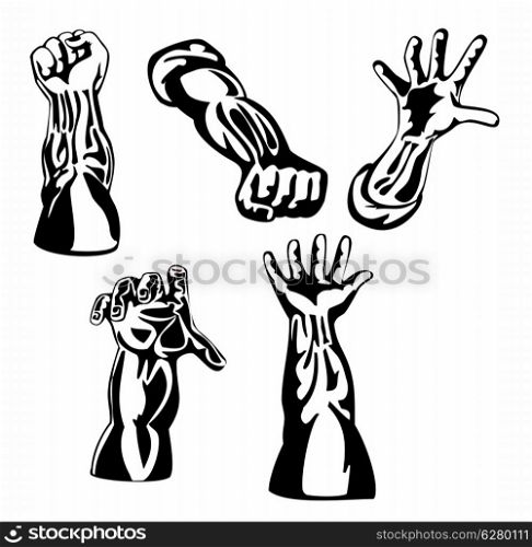 Illustration of a collection of hands in various positions isolated on white background done in retro style.