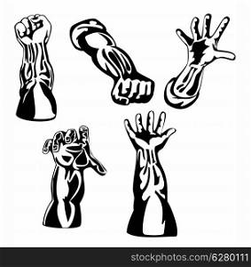 Illustration of a collection of hands in various positions isolated on white background done in retro style.