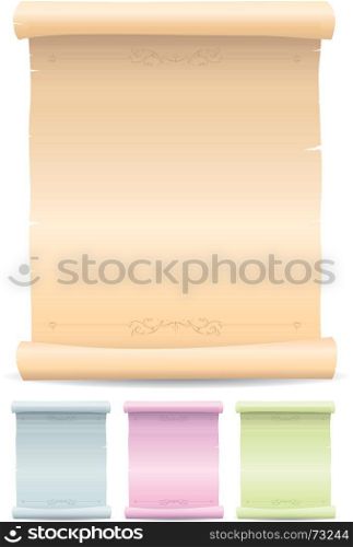Illustration of a collection of old vintage medieval parchment scroll, one classical and a blue, pink and green one
