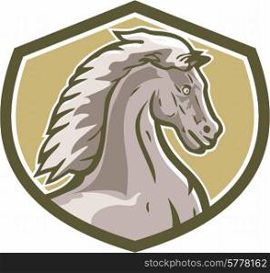 Illustration of a colt horse head viewed from the side set inside shield crest on isolated background done in retro style.. Colt Horse Head Side Shield Retro