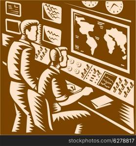 Illustration of a command center control room communications headquarter with two operators working in front of world map done in retro woodcut style.. Control Room Command Center Headquarter Woodcut