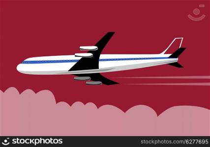 Illustration of a commercial jet plane airliner with clouds in background.. commercial jet plane airliner