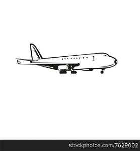 Illustration of a commercial jumbo jet plane airliner landing viewed from side on isolated background done in retro black and white style.. Commercial Jumbo Jet Plane Airliner Landing Side Retro Black and White