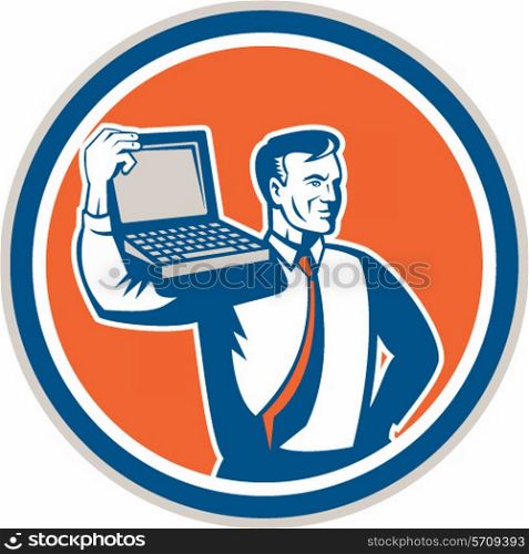 Illustration of a computer geek technician man carrying computer laptop on shoulder looking to the side set inside circle on isolated background done in retro style.
