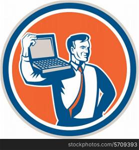 Illustration of a computer geek technician man carrying computer laptop on shoulder looking to the side set inside circle on isolated background done in retro style.