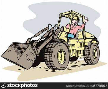 illustration of a construction bulldozer digger mechanical excavator done in retro style with halftone dot twirl or swirl in background. construction bulldozer digger mechanical excavator