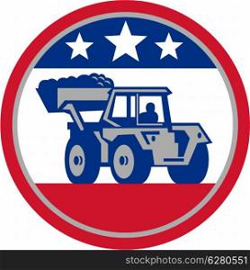 Illustration of a construction digger mechanical excavator set inside circle with American stars and stripes flag done in retro style .. American Mechanical Digger Excavator Retro