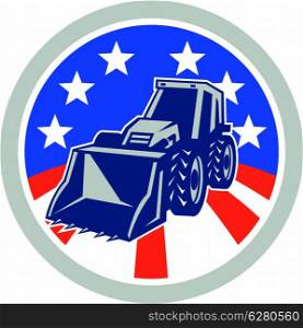 Illustration of a construction digger mechanical excavator set inside circle with American stars and stripes flag done in retro style .. American Mechanical Digger Excavator Circle