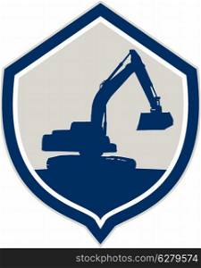 Illustration of a construction digger mechanical excavator silhouette set inside crest shield done in retro style on isolated background.. Mechanical Digger Excavator Shield Retro