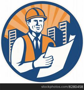 Illustration of a construction engineer architect foreman supervisor with building plan set inside circle done in retro style.. Construction Engineer Architect Foreman Retro