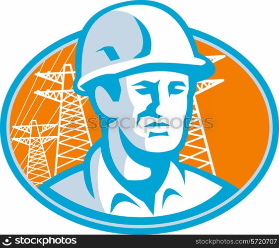 Illustration of a construction engineer supervisor worker with hardhat set inside oval with pylons in background.