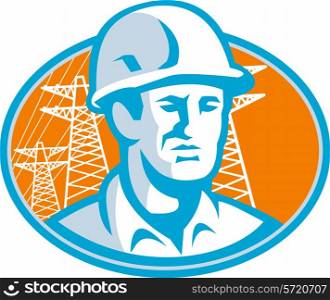 Illustration of a construction engineer supervisor worker with hardhat set inside oval with pylons in background.