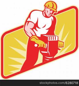 Illustration of a construction worker at work operating a jackhammer facing front with sunburst in the background on isolated white background.. Construction Worker Drilling with Jack Hammer