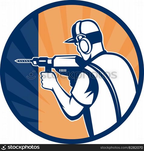 illustration of a Construction worker carpenter with drill drilling set inside a circle done in retro style.. Construction worker carpenter with drill drilling