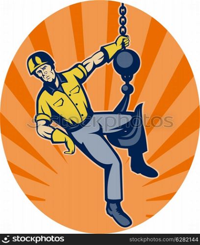 illustration of a Construction worker hanging on hook set inside an ellipse with sunburst in background.. Construction worker hanging on hook
