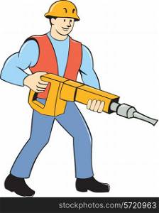 Illustration of a construction worker holding carrying jack hammer pneumatic drill on isolated white background done in cartoon style. . Construction Worker Holding Jackhammer Cartoon