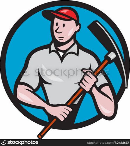 Illustration of a construction worker looking to the side holding pickaxe viewed from front set inside circle on isolated background done in cartoon style. . Construction Worker Pickaxe Circle Cartoon