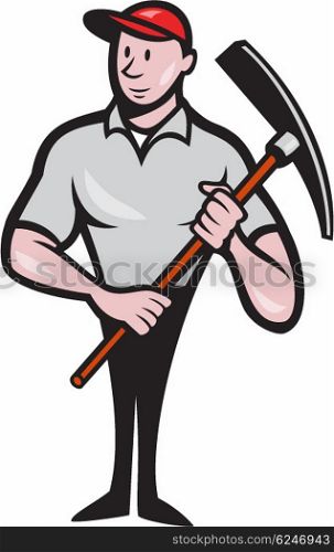 Illustration of a construction worker looking to the side holding pickaxe viewed from front set on isolated white background done in cartoon style. . Construction Worker Pickaxe Cartoon
