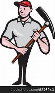 Illustration of a construction worker looking to the side holding pickaxe viewed from front set on isolated white background done in cartoon style. . Construction Worker Pickaxe Cartoon