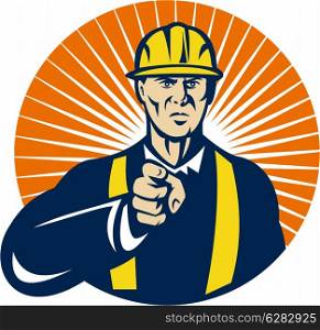 illustration of a construction worker pointing at you done in retro style set inside circle. construction worker pointing at you