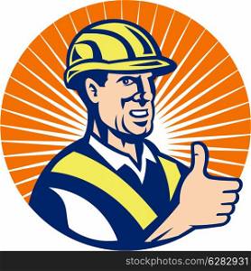 illustration of a construction worker thumbs up done in retro style set inside circle. construction worker thumbs up