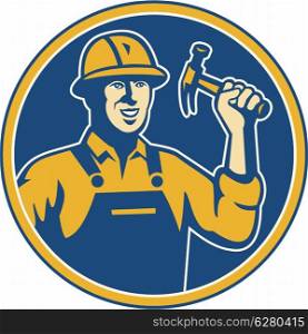 Illustration of a construction worker tradesman laborer weilding a hammer set inside circle done in retro style.. Construction Worker Carpenter Tradesman With Hammer