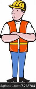 illustration of a construction worker wearing hard hat and safety vest with arms folded standing front on isolated background done in cartoon style. construction worker with arms folded