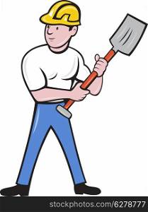 illustration of a construction worker wearing hard hat holding a shovel spade standing front on isolated background done in cartoon style. construction worker with shovel spade