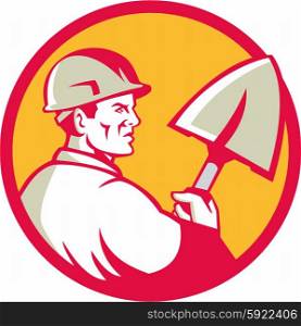 Illustration of a construction worker wearing hard hat holding spade viewed from side set inside circle done in retro style.. Construction Worker Spade Circle Retro