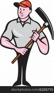 Illustration of a construction worker wearing hat holding pickaxe on isolated white background done in cartoon style. . Construction Worker Holding Pickaxe Cartoon