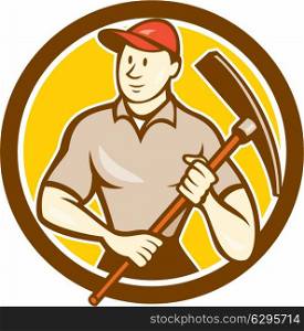 Illustration of a construction worker wearing hat holding pickaxe set inside circle on isolated background done in cartoon style. . Construction Worker Holding Pickaxe Circle Cartoon
