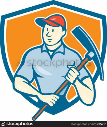 Illustration of a construction worker wearing hat holding pickaxe set inside shield crest on isolated background done in cartoon style. . Construction Worker Holding Pickaxe Shield Cartoon