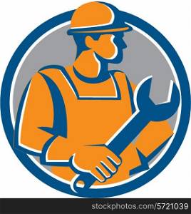 Illustration of a construction worker wearing hat holding spanner looking to the side set inside circle on isolated background done in cartoon style. . Construction Worker Spanner Circle Cartoon