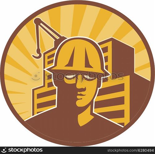 Illustration of a construction worker wearing sunglasses and hardhat with crane and building in background set inside circle done in retro style.