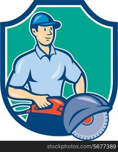 Illustration of a construction worker with concrete saw concsaw set inside shield crest on isolated background done in cartoon style.. Construction Worker Concrete Saw Consaw Cartoon