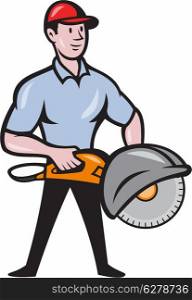 Illustration of a construction worker with concrete saw consaw done in cartoon style.