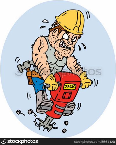 Illustration of a construction worker with jack hammer pneumatic drill drilling excavation work on isolated white background done in cartoon style. . Construction Worker Jackhammer Drilling Cartoon